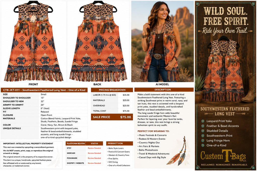 One-of-a-Kind Southwestern Feathered Long Vest – Women’s Small — styled image