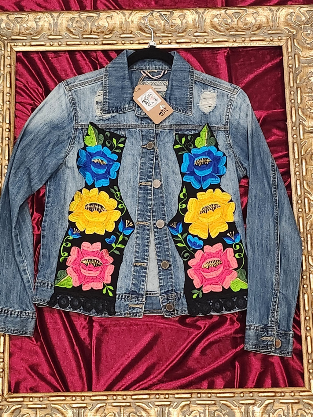 One-of-a-Kind Laugh Louder Floral Upcycled Jean Jacket – Women’s Small