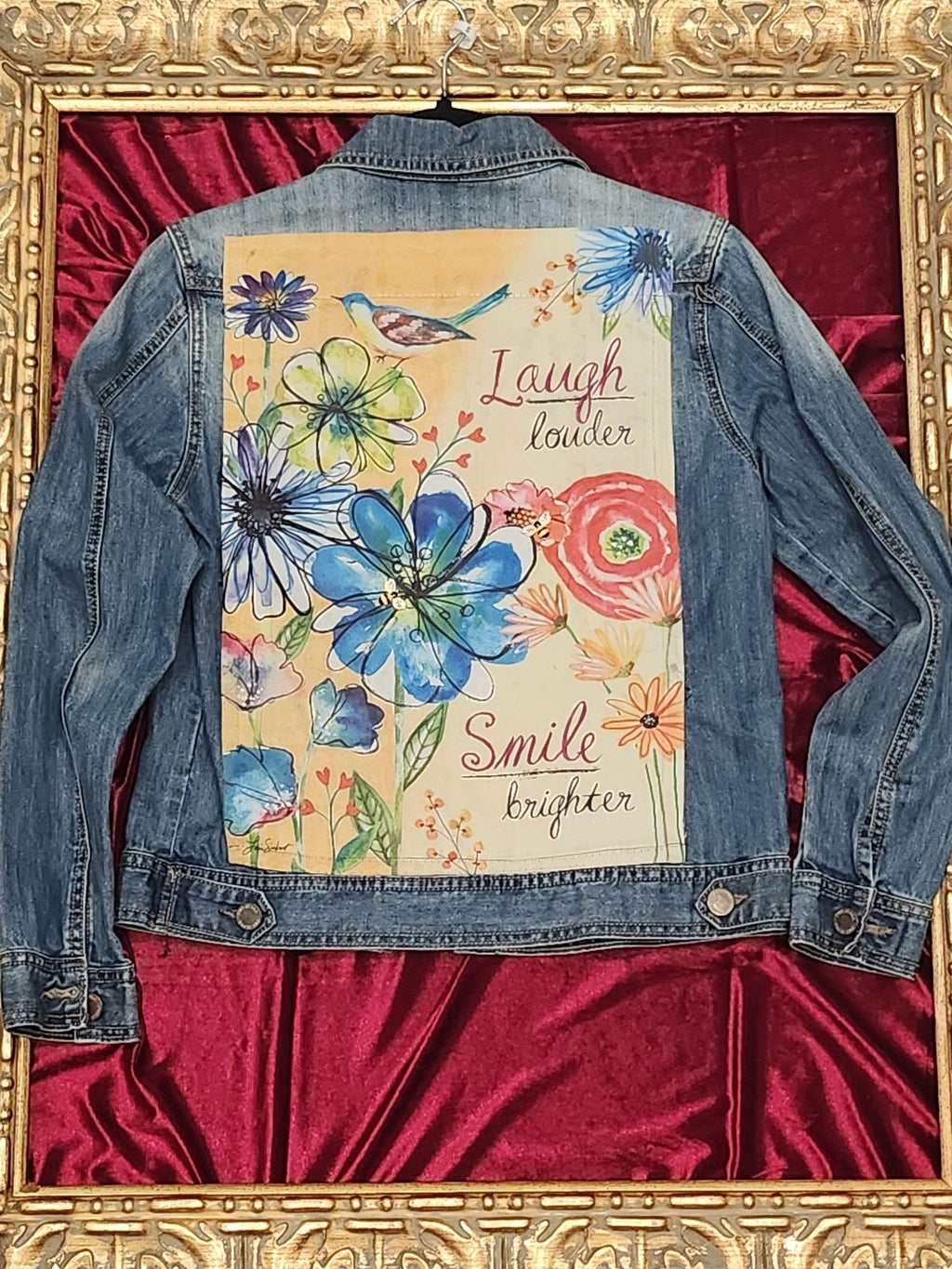 One-of-a-Kind Laugh Louder Floral Upcycled Jean Jacket – Women’s Small — additional view