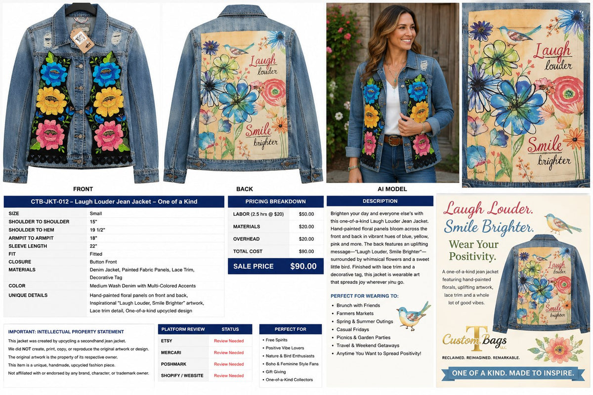 One-of-a-Kind Laugh Louder Floral Upcycled Jean Jacket – Women’s Small — styled image