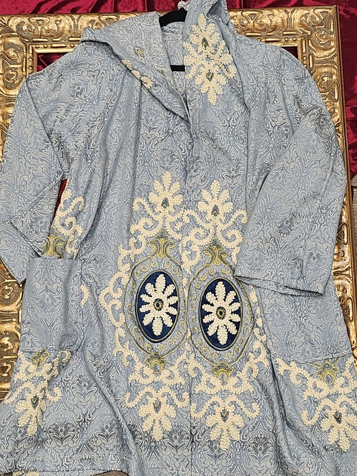 One-of-a-Kind Handmade Blue Tapestry Hooded Trench / Cape – Women’s XL