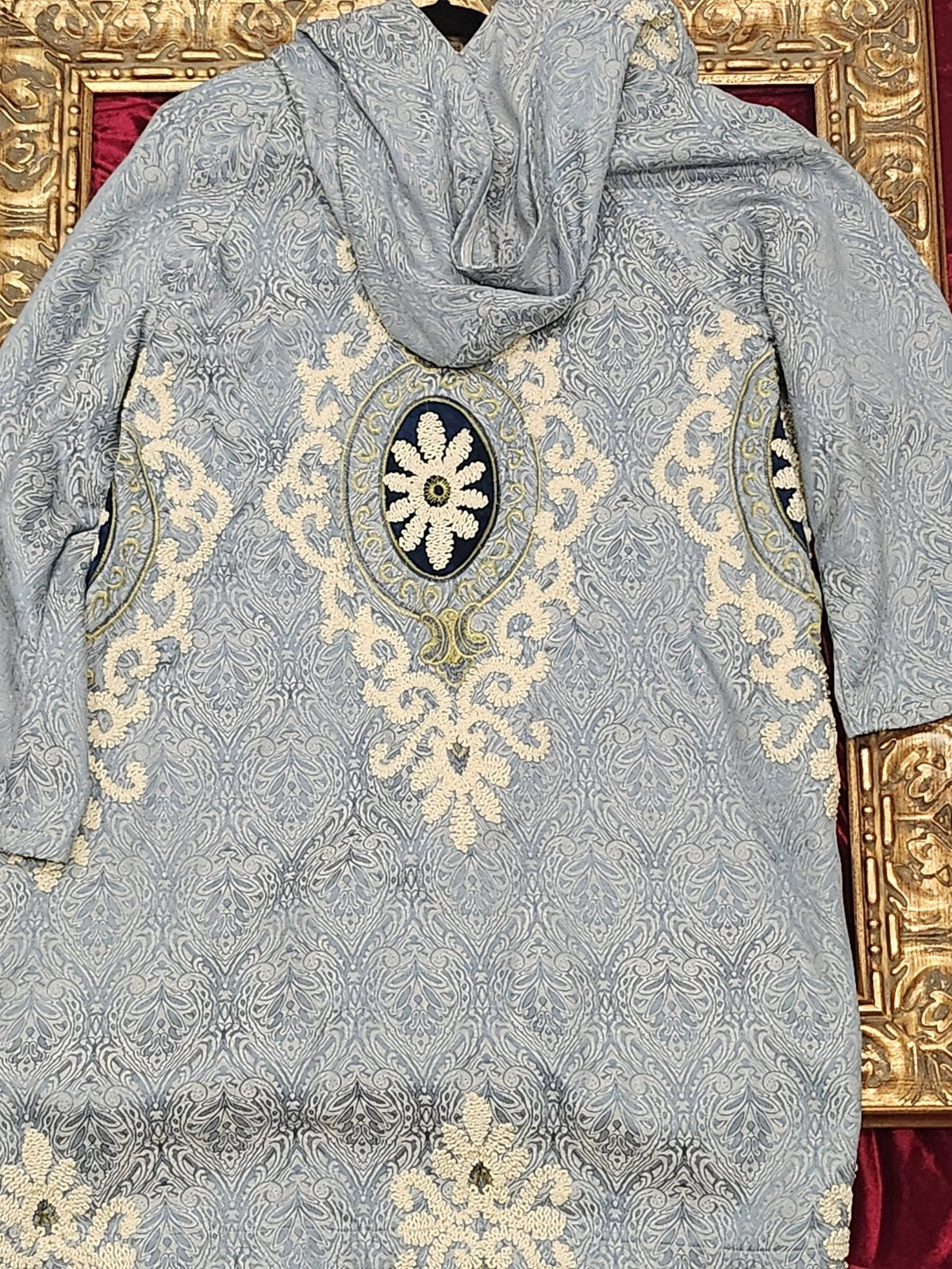 One-of-a-Kind Handmade Blue Tapestry Hooded Trench / Cape – Women’s XL — additional view