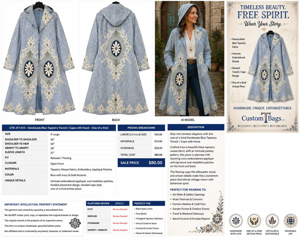 One-of-a-Kind Handmade Blue Tapestry Hooded Trench / Cape – Women’s XL — styled image