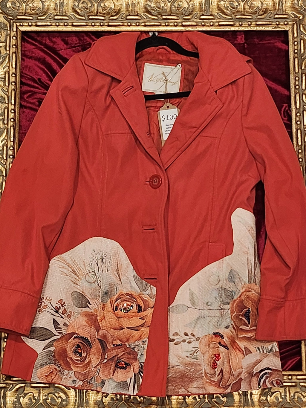 One-of-a-Kind Bright Orange Floral Upcycled Trench – Women’s Small