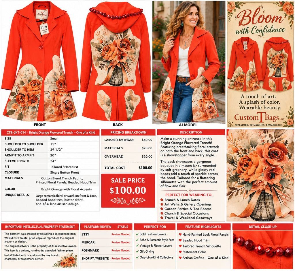 One-of-a-Kind Bright Orange Floral Upcycled Trench – Women’s Small — styled image