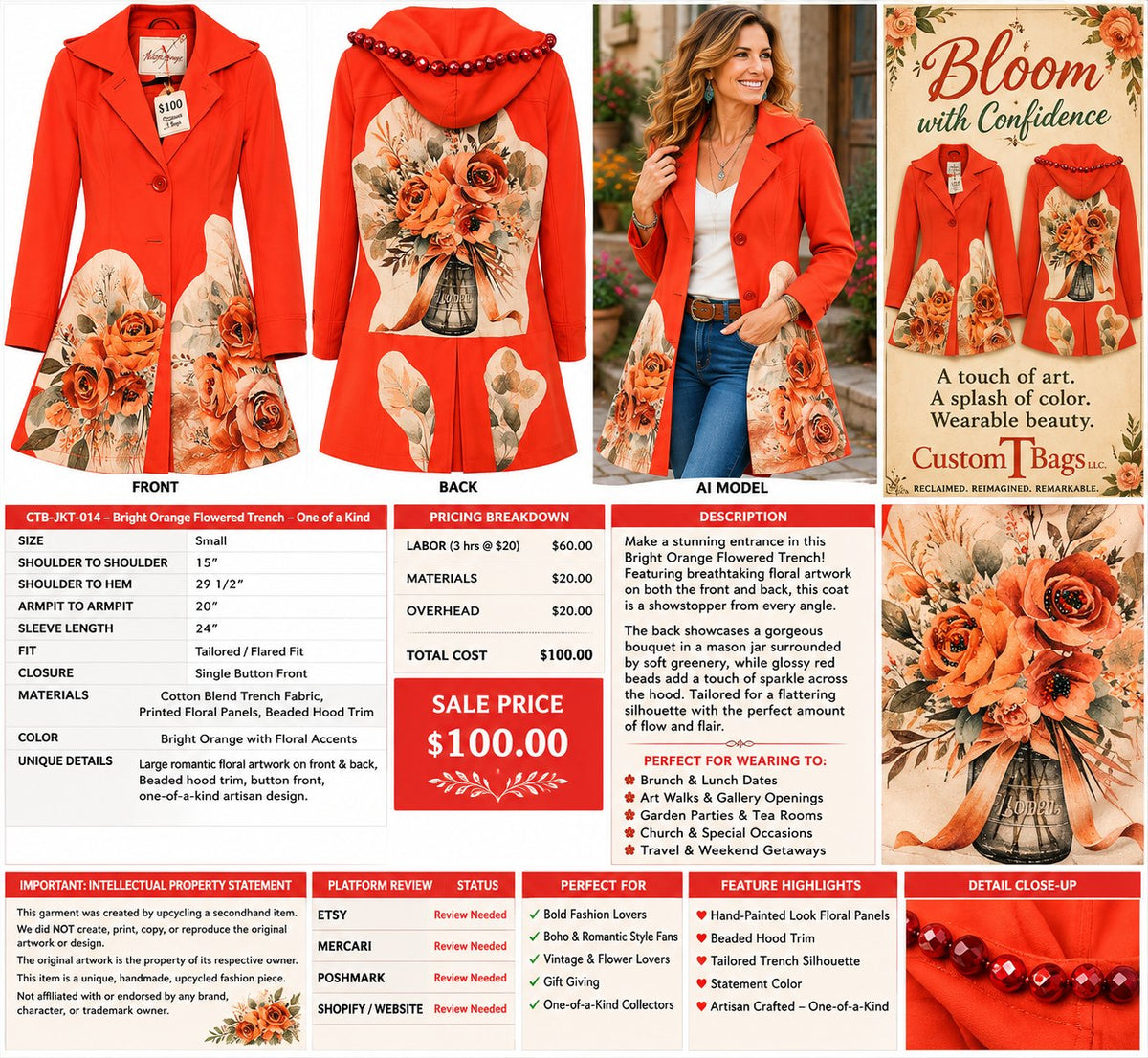 One-of-a-Kind Bright Orange Floral Upcycled Trench – Women’s Small — styled image
