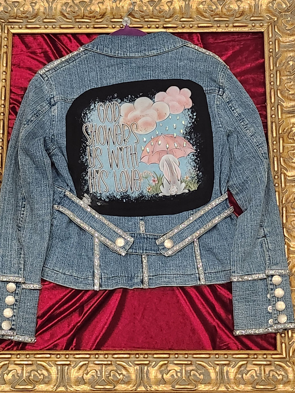 One-of-a-Kind God’s Showers Fun Inspirational Jean Jacket – Women’s Medium — additional view