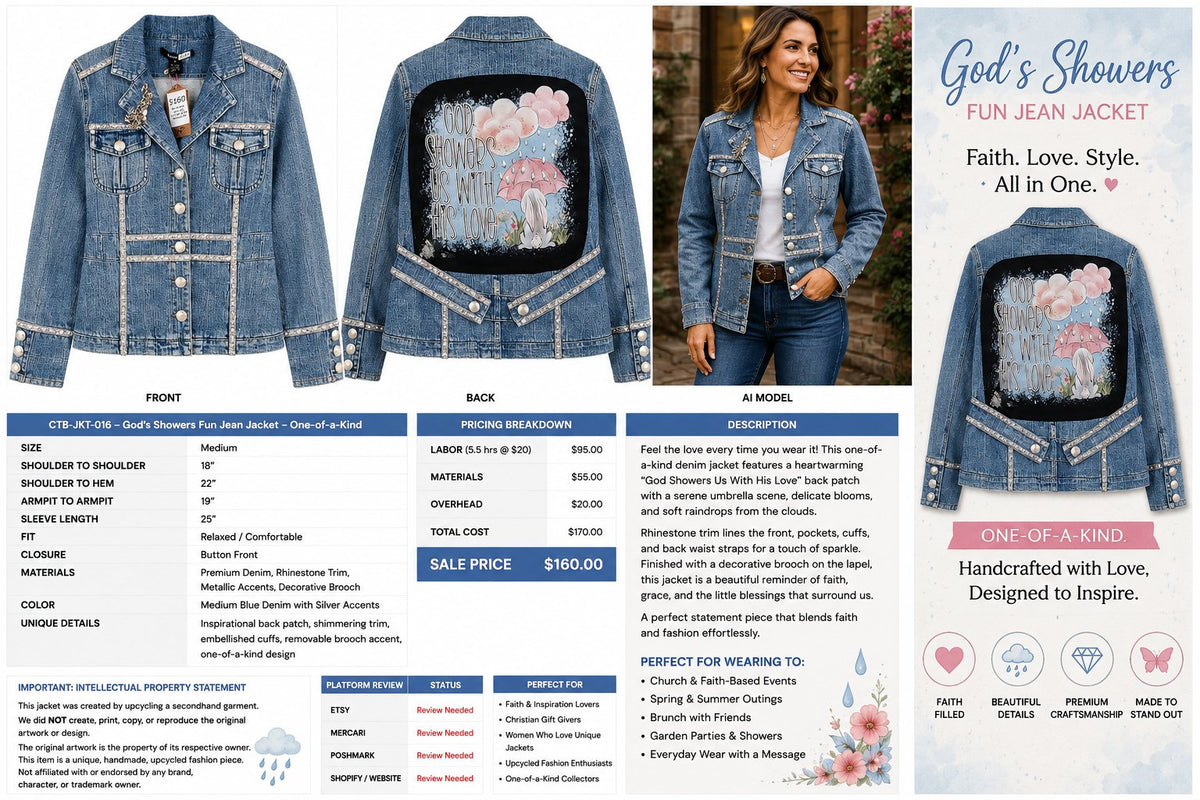 One-of-a-Kind God’s Showers Fun Inspirational Jean Jacket – Women’s Medium — styled image