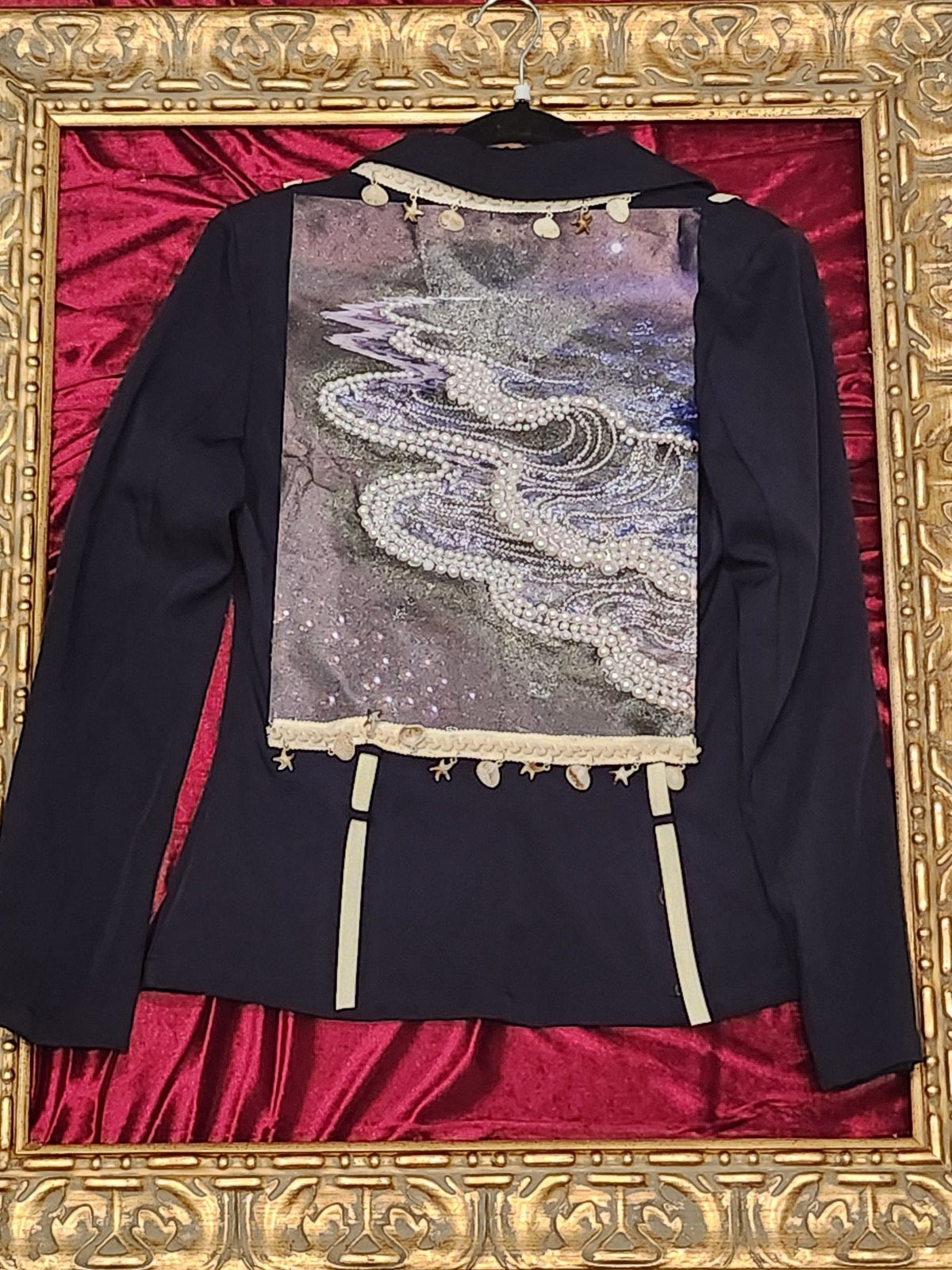 One-of-a-Kind Peaceful Night Ocean Blazer with Pearl Accents & Shell Trim – Medium — additional view