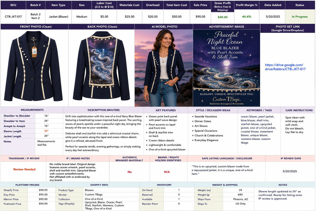 One-of-a-Kind Peaceful Night Ocean Blazer with Pearl Accents & Shell Trim – Medium — styled image