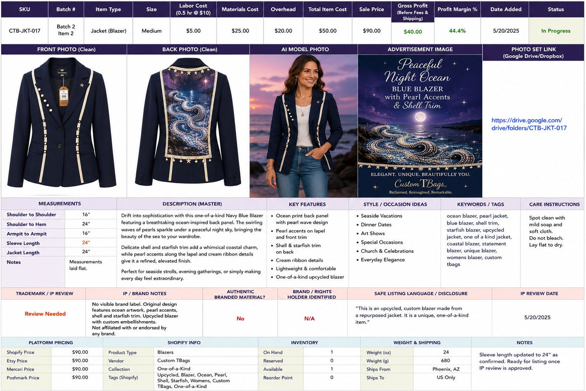 One-of-a-Kind Peaceful Night Ocean Blazer with Pearl Accents & Shell Trim – Medium — styled image