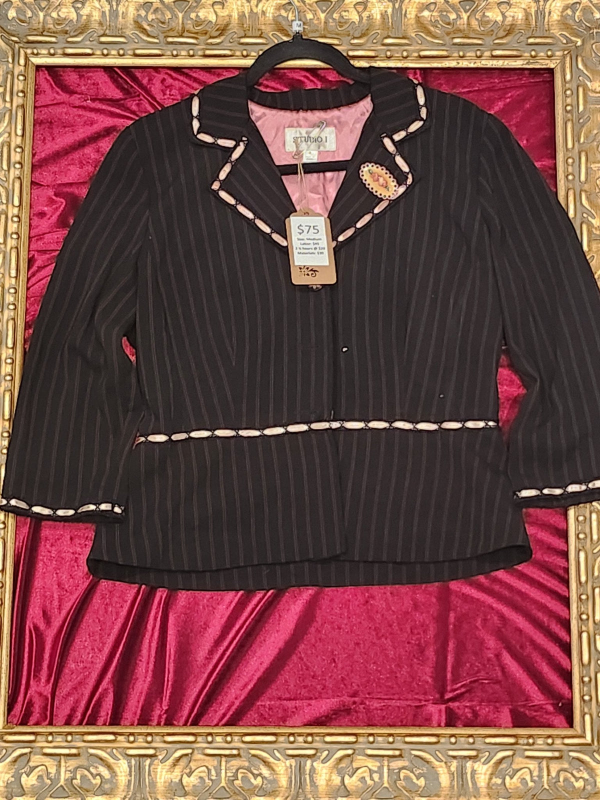 One-of-a-Kind Pink & Black Pinstripe Blazer with Rhinestone Wings – Medium