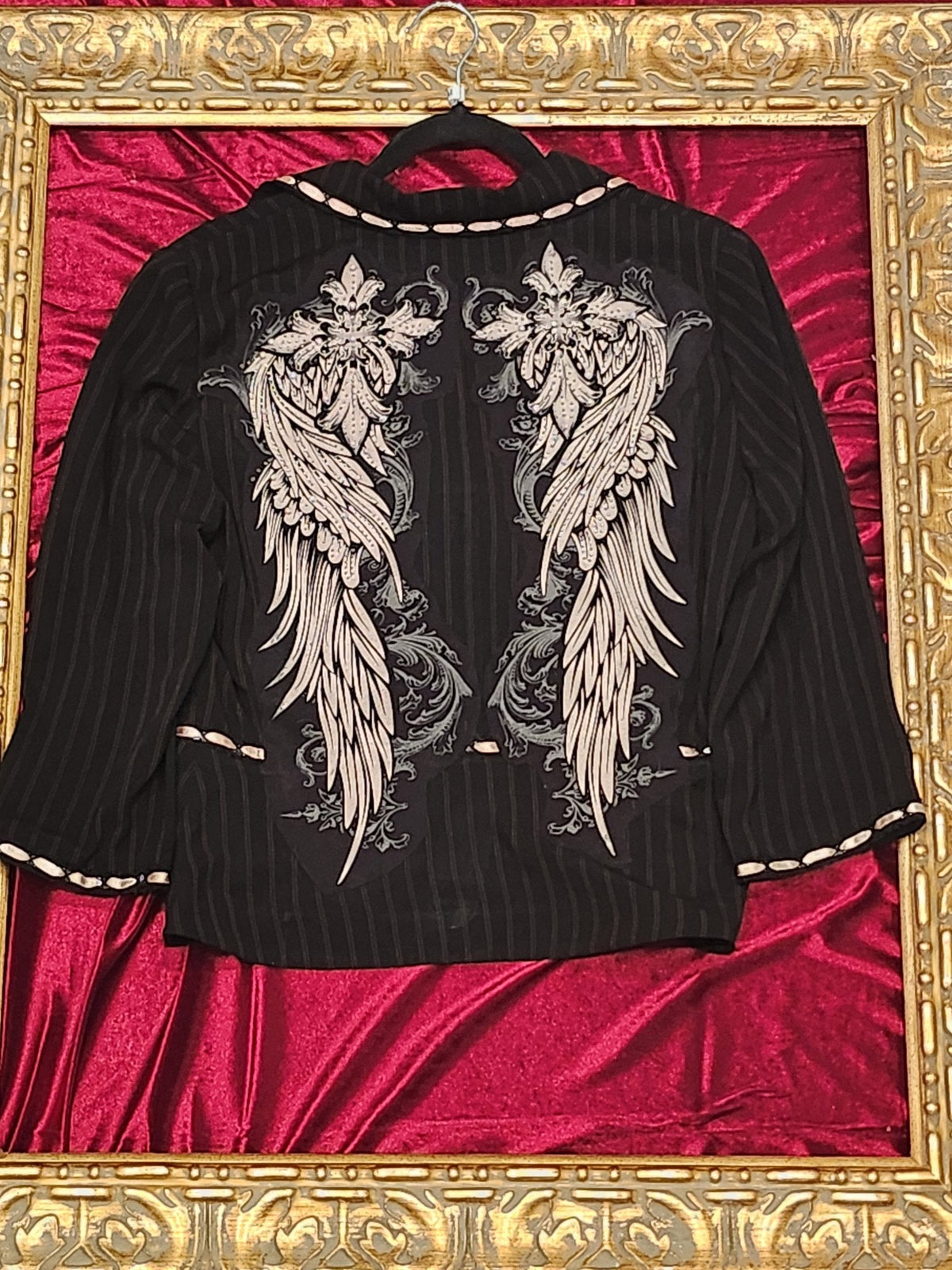 One-of-a-Kind Pink & Black Pinstripe Blazer with Rhinestone Wings – Medium — additional view