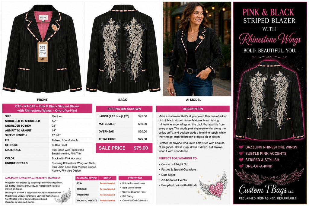 One-of-a-Kind Pink & Black Pinstripe Blazer with Rhinestone Wings – Medium — styled image