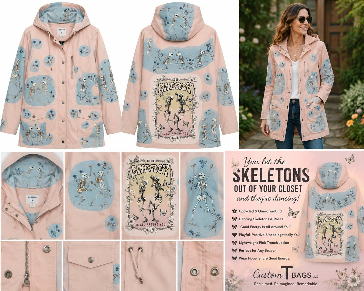 One-of-a-Kind Dancing Skeleton Pink Trench — Good Energy — Medium — styled image