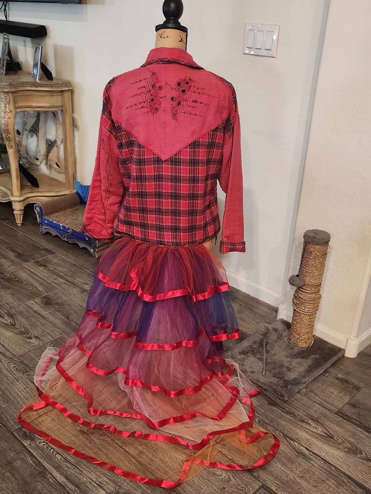 One-of-a-Kind Red Plaid Country Jacket with Full-Length Back Bustle — Medium