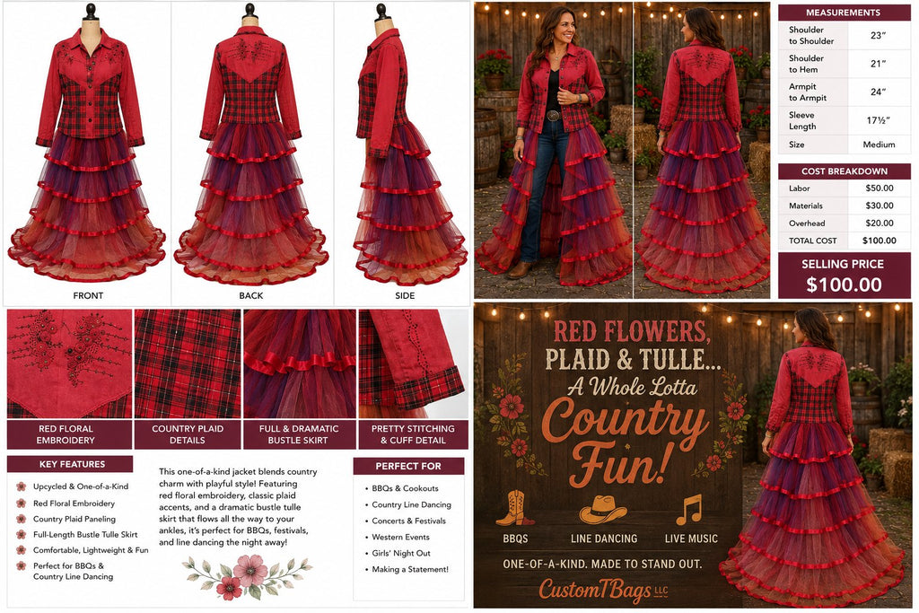 One-of-a-Kind Red Plaid Country Jacket with Full-Length Back Bustle — Medium — styled image