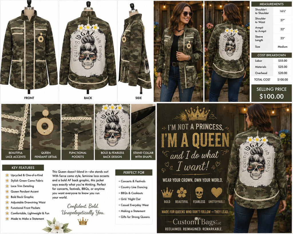 One-of-a-Kind Green Camo Queen Statement Jacket – Medium — styled image