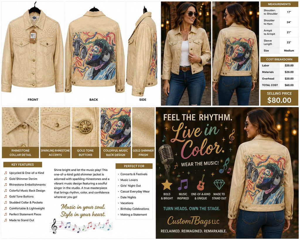 Gold Music Rhinestone Colorful Upcycled Jacket - Medium — styled image