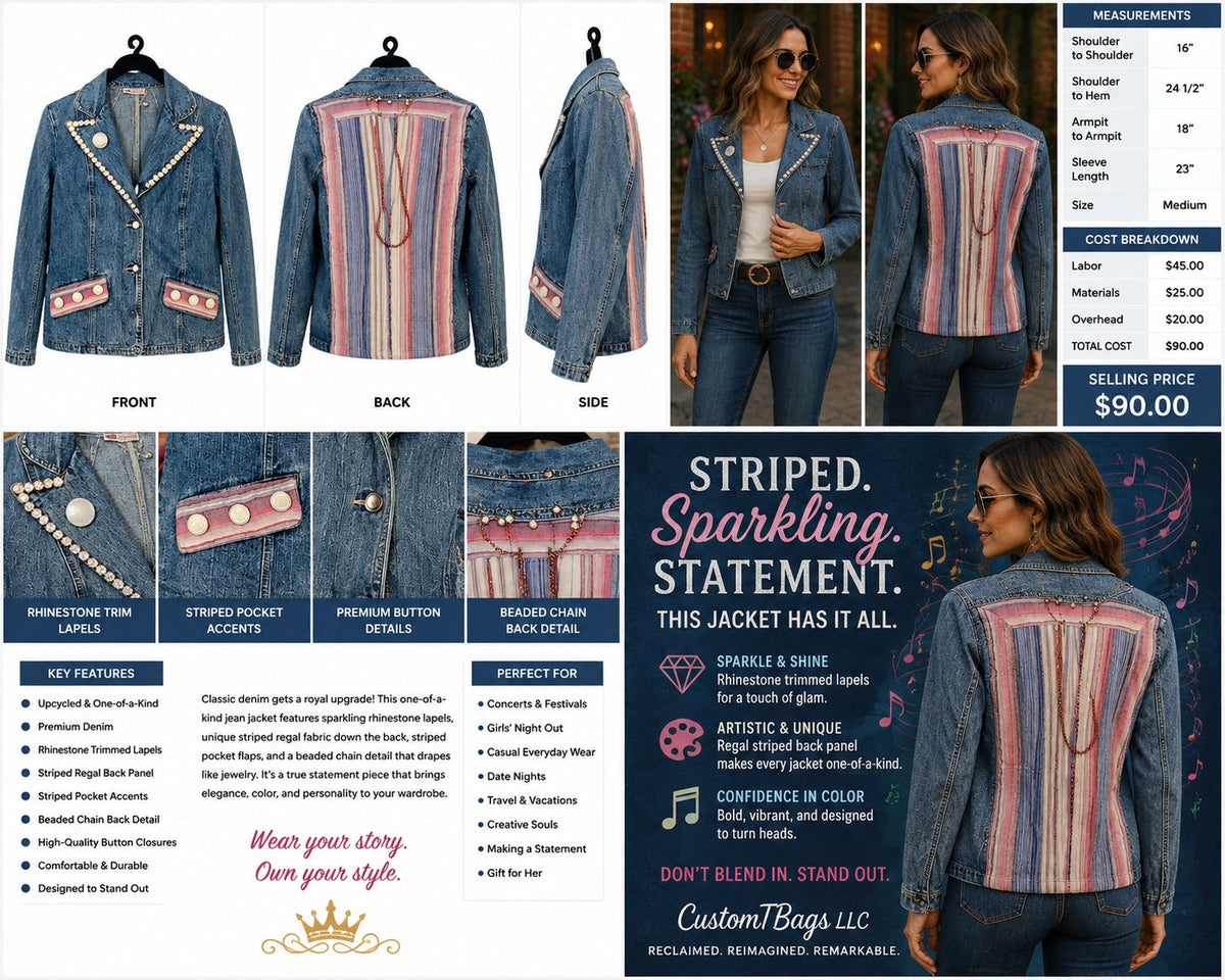 Striped Regal One-of-a-Kind Upcycled Jean Jacket - Medium — styled image