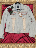 Bouncy Fluffy White Cloud Denim Jacket with Burgundy Accents - Medium