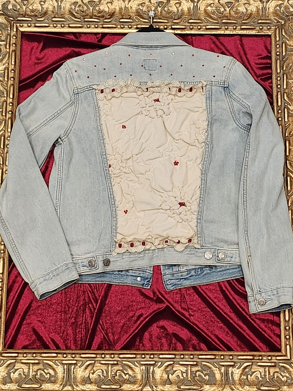 Bouncy Fluffy White Cloud Denim Jacket with Burgundy Accents - Medium — additional view