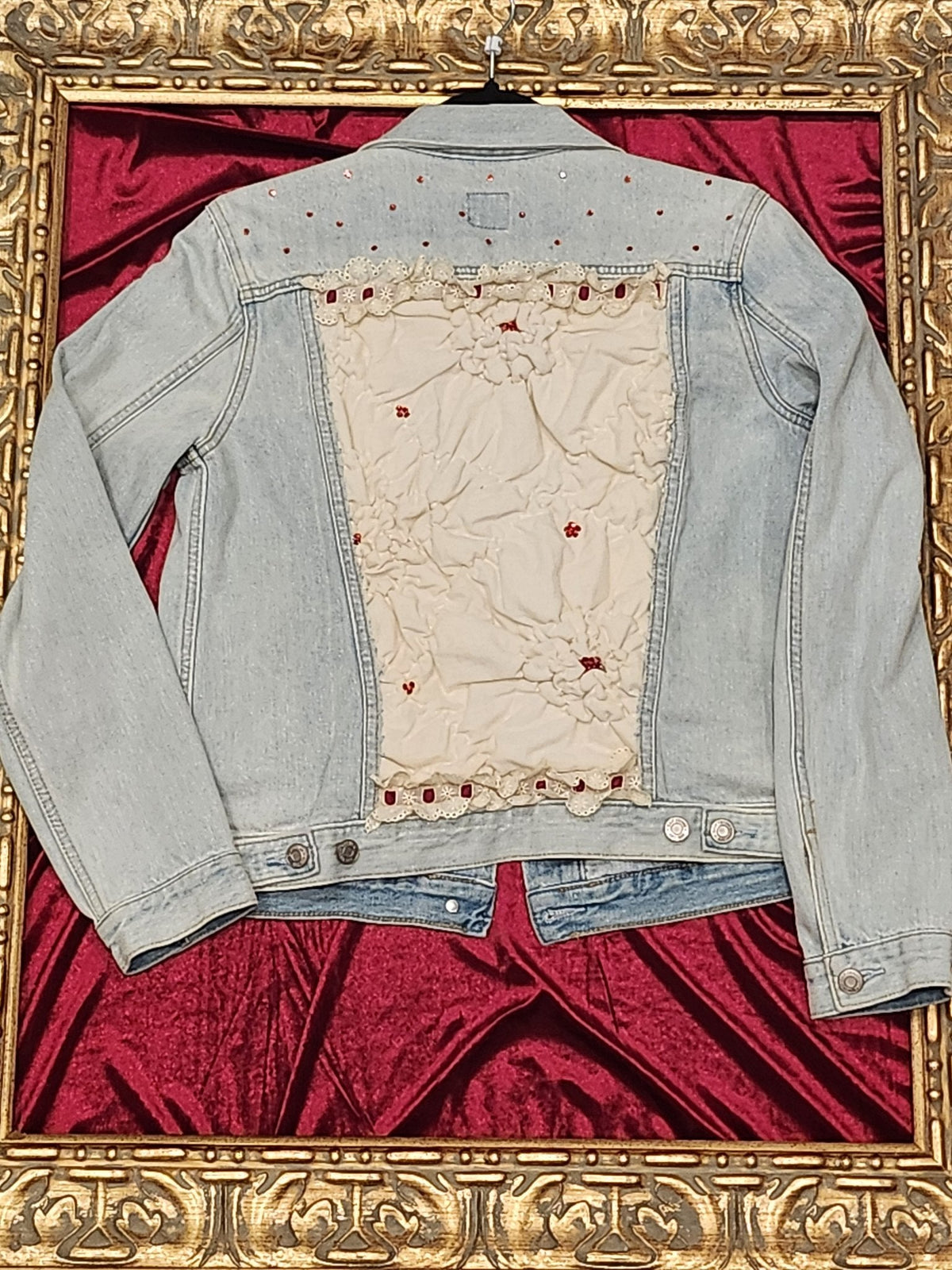Bouncy Fluffy White Cloud Denim Jacket with Burgundy Accents - Medium — additional view