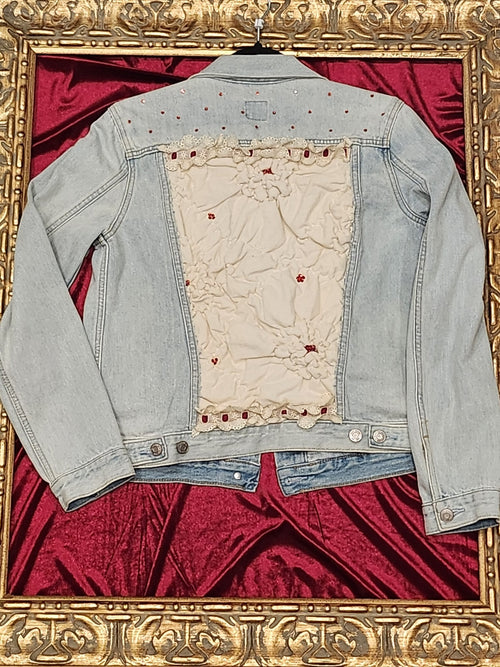 Bouncy Fluffy White Cloud Denim Jacket with Burgundy Accents - Medium — additional view