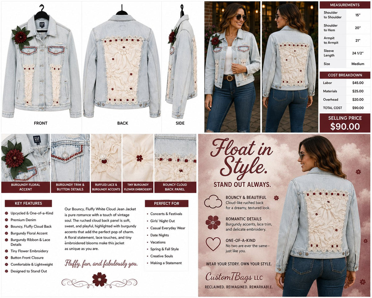 Bouncy Fluffy White Cloud Denim Jacket with Burgundy Accents - Medium — styled image
