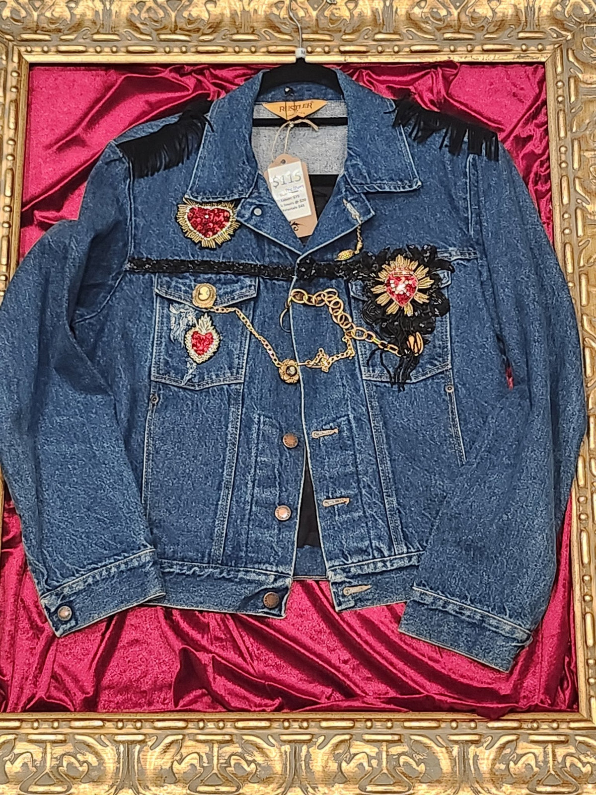 Embellished Storybook Rocker Upcycled Jean Jacket - Medium