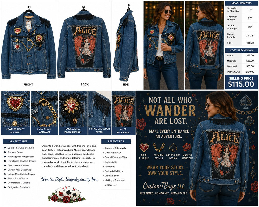 Embellished Storybook Rocker Upcycled Jean Jacket - Medium — styled image