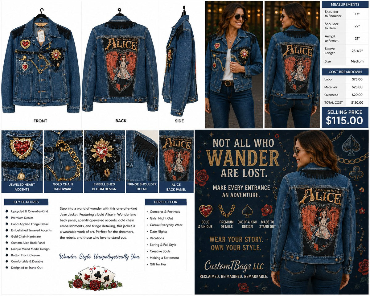 Embellished Storybook Rocker Upcycled Jean Jacket - Medium — styled image