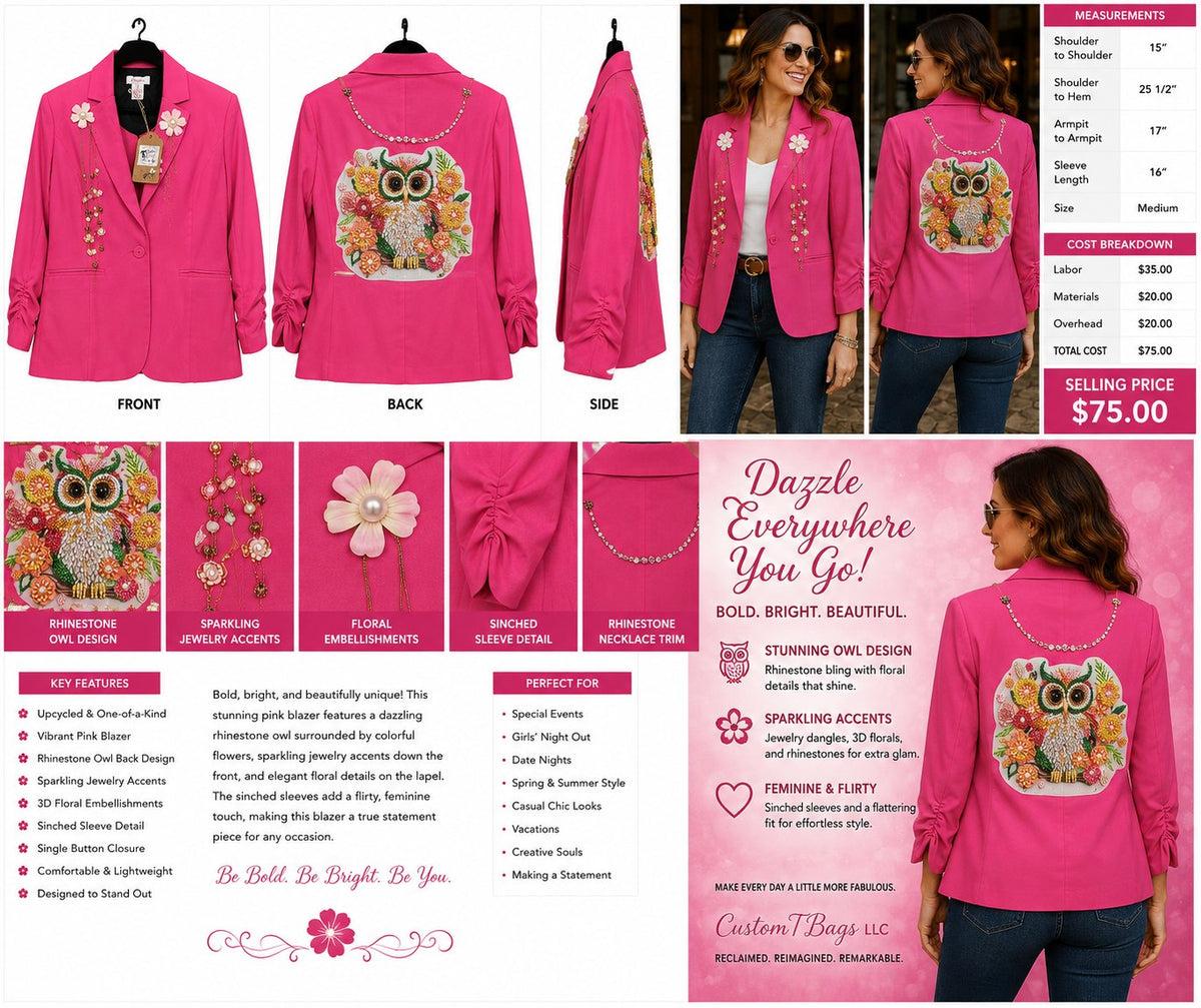 Pink Rhinestone Owl Embellished Blazer - Medium — styled image