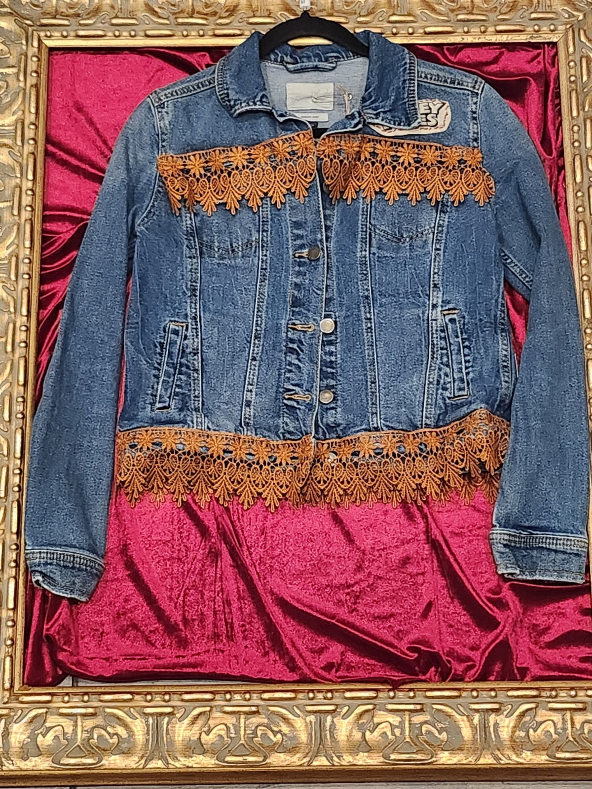 Rust Lace Cartoon Character Upcycled Jean Jacket - Medium