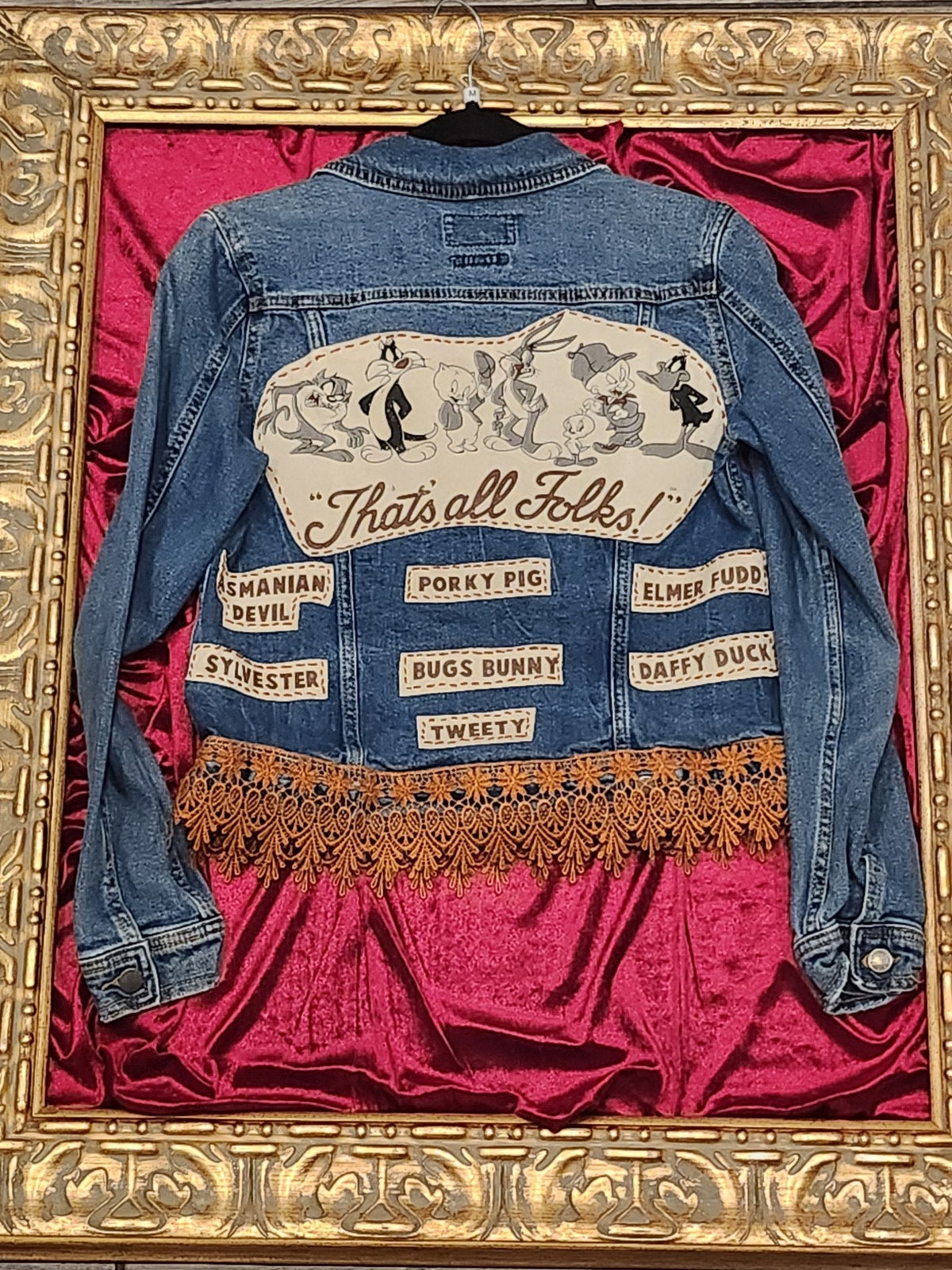 Rust Lace Cartoon Character Upcycled Jean Jacket - Medium — additional view
