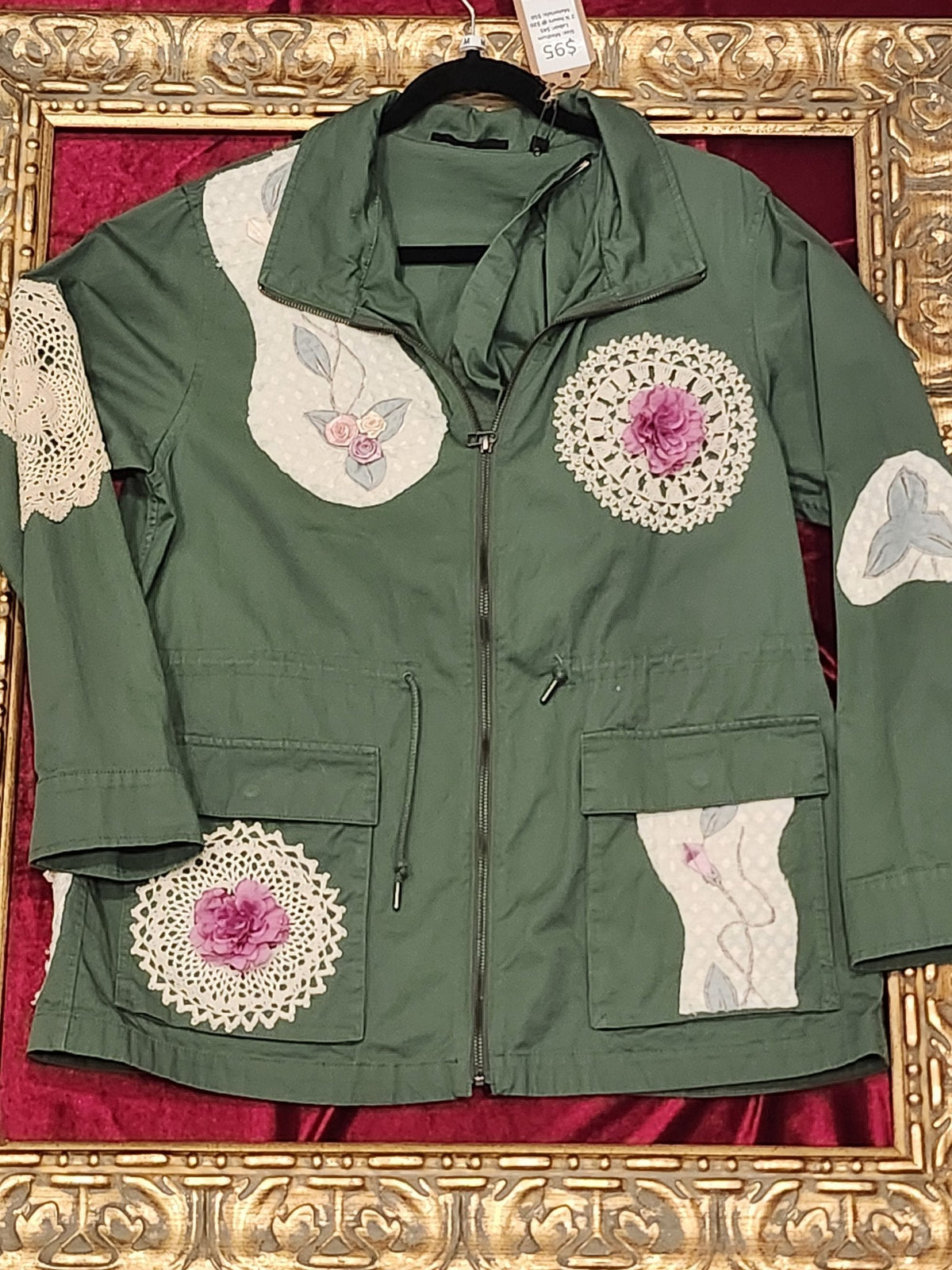 Green & Pink Floral Doily Lightweight Upcycled Jacket - Medium