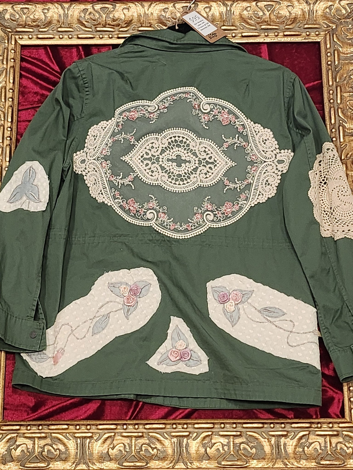 Green & Pink Floral Doily Lightweight Upcycled Jacket - Medium — additional view