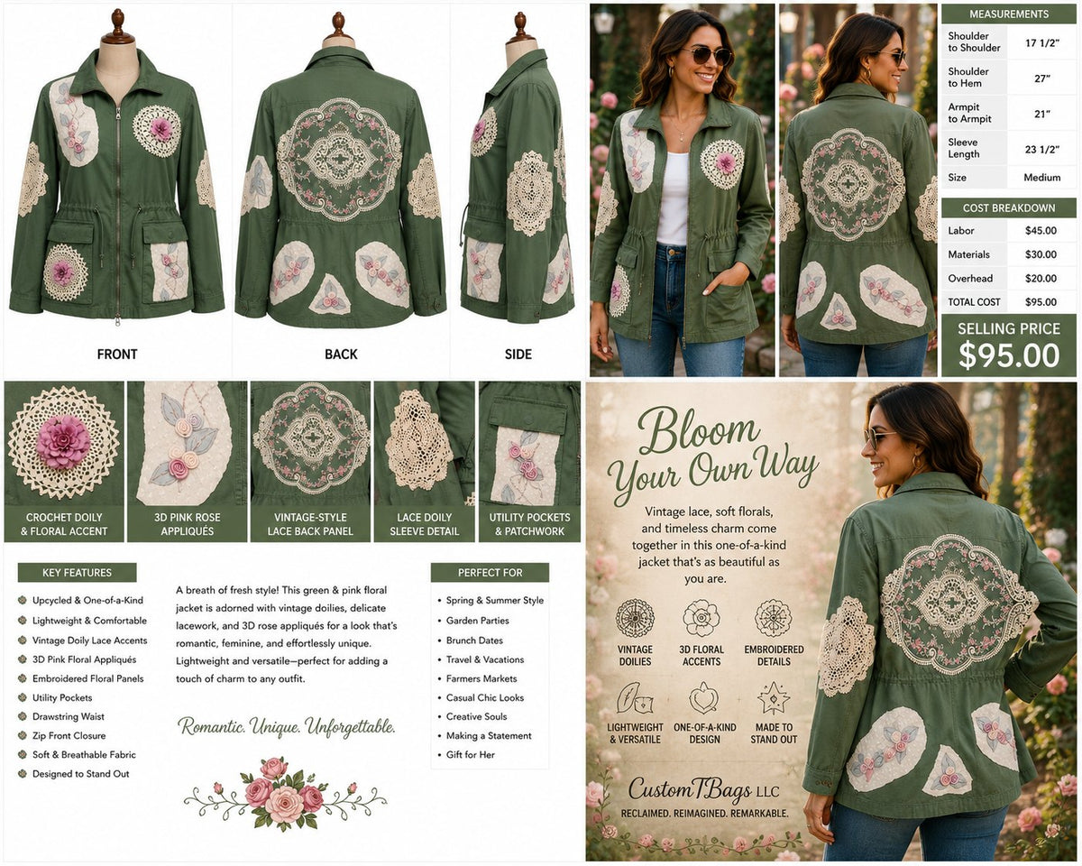Green & Pink Floral Doily Lightweight Upcycled Jacket - Medium — styled image