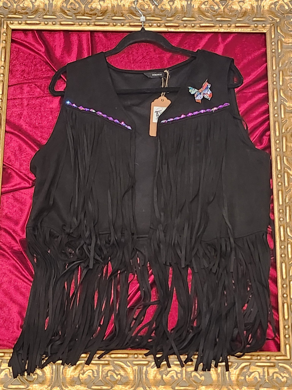 Black Fringed Violet Iris One-of-a-Kind Vest - Large