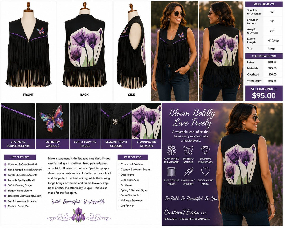 Black Fringed Violet Iris One-of-a-Kind Vest - Large — styled image