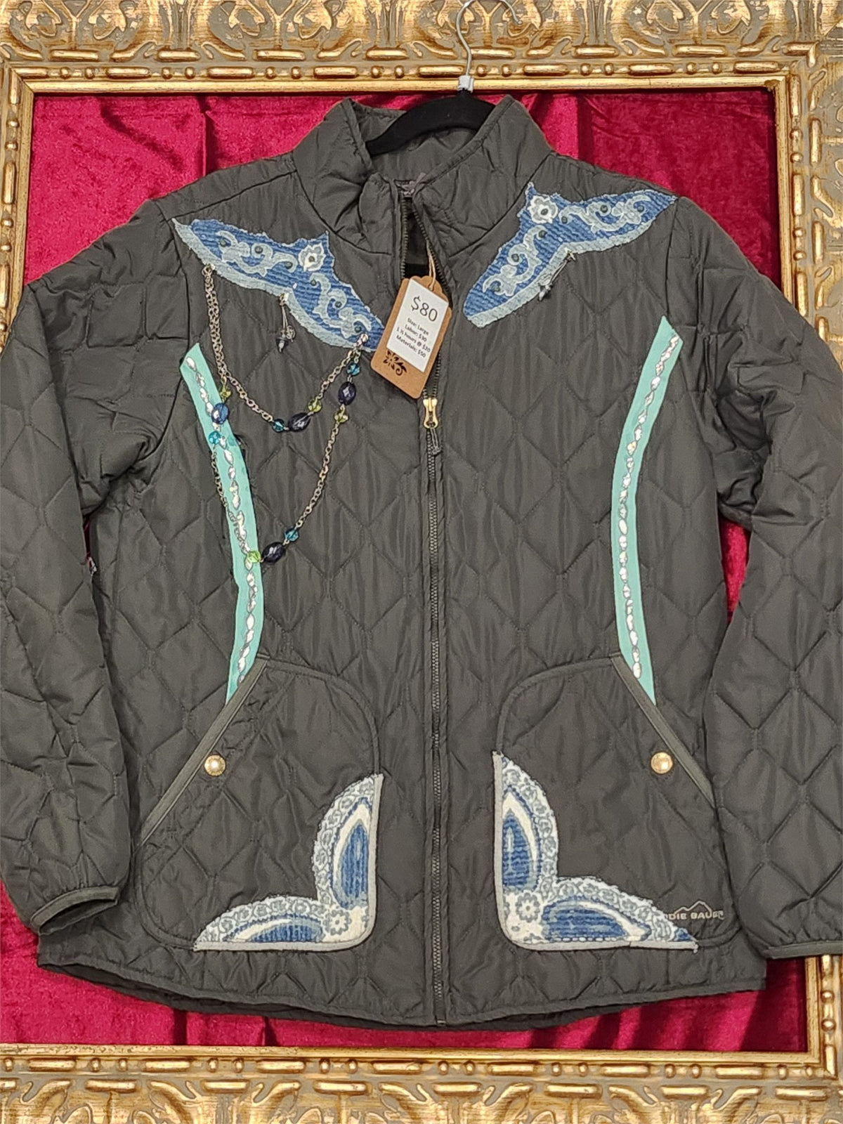 Bohemian Mandala Olive Puffy Jacket with Jewelry Accents – Large
