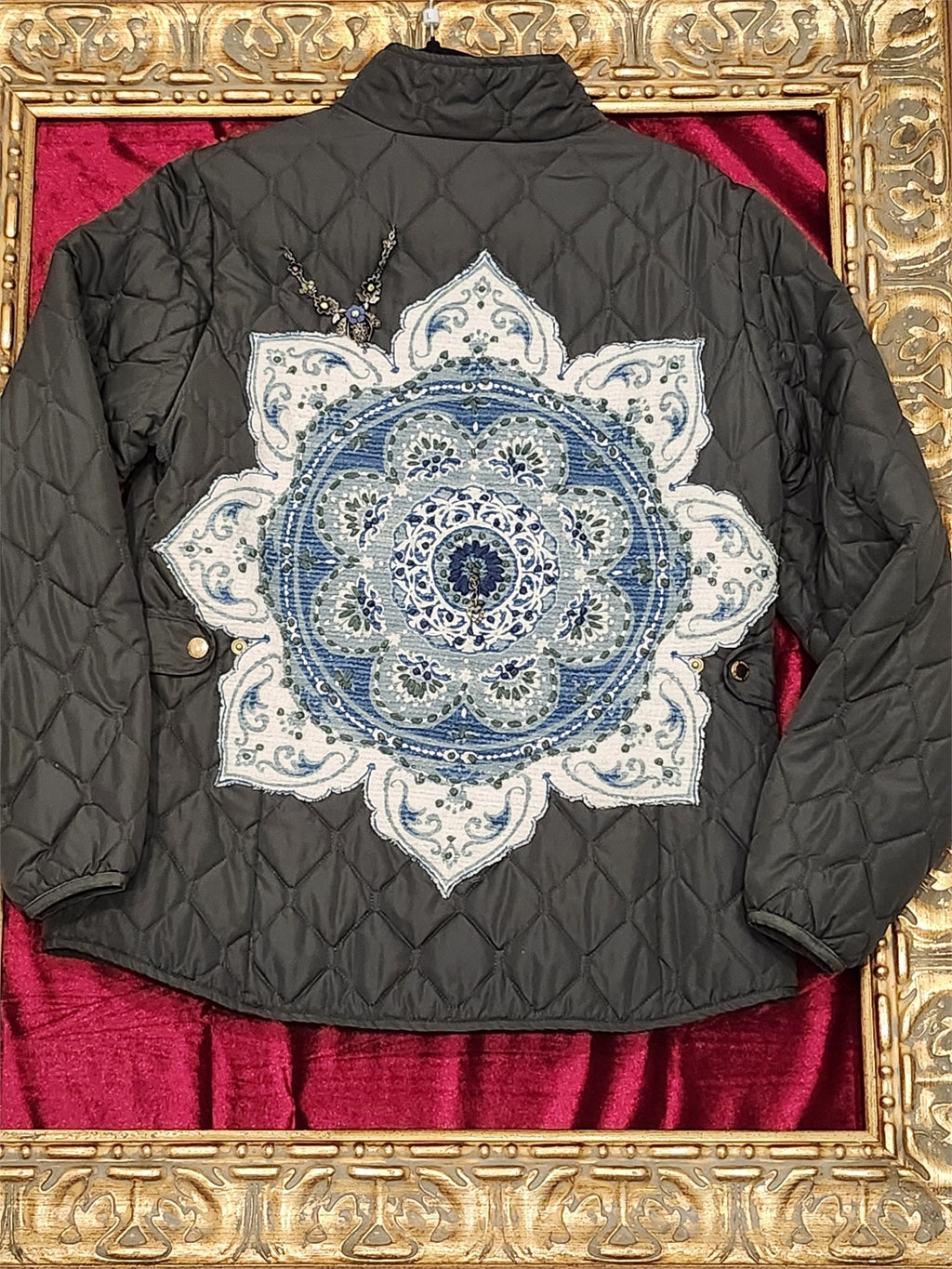 Bohemian Mandala Olive Puffy Jacket with Jewelry Accents – Large - additional view