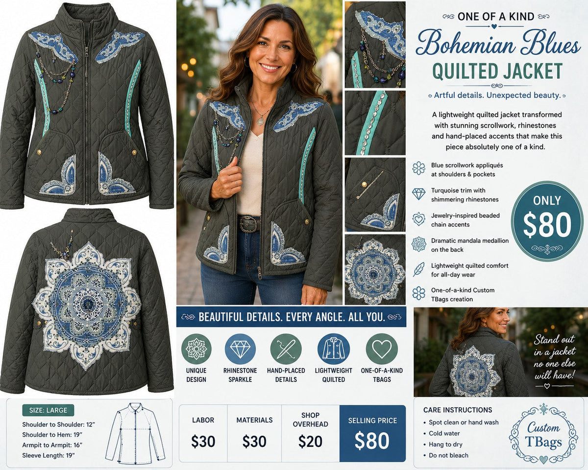 Bohemian Mandala Olive Puffy Jacket with Jewelry Accents – Large - details and styling