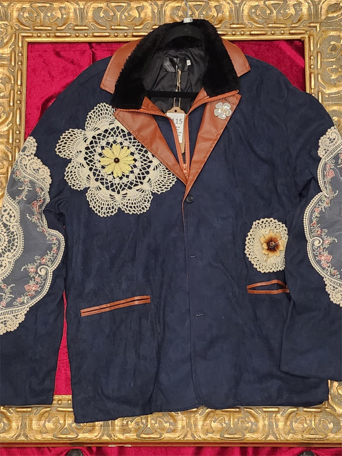 Vintage Doily Navy Jacket with Faux Leather Accents – XL