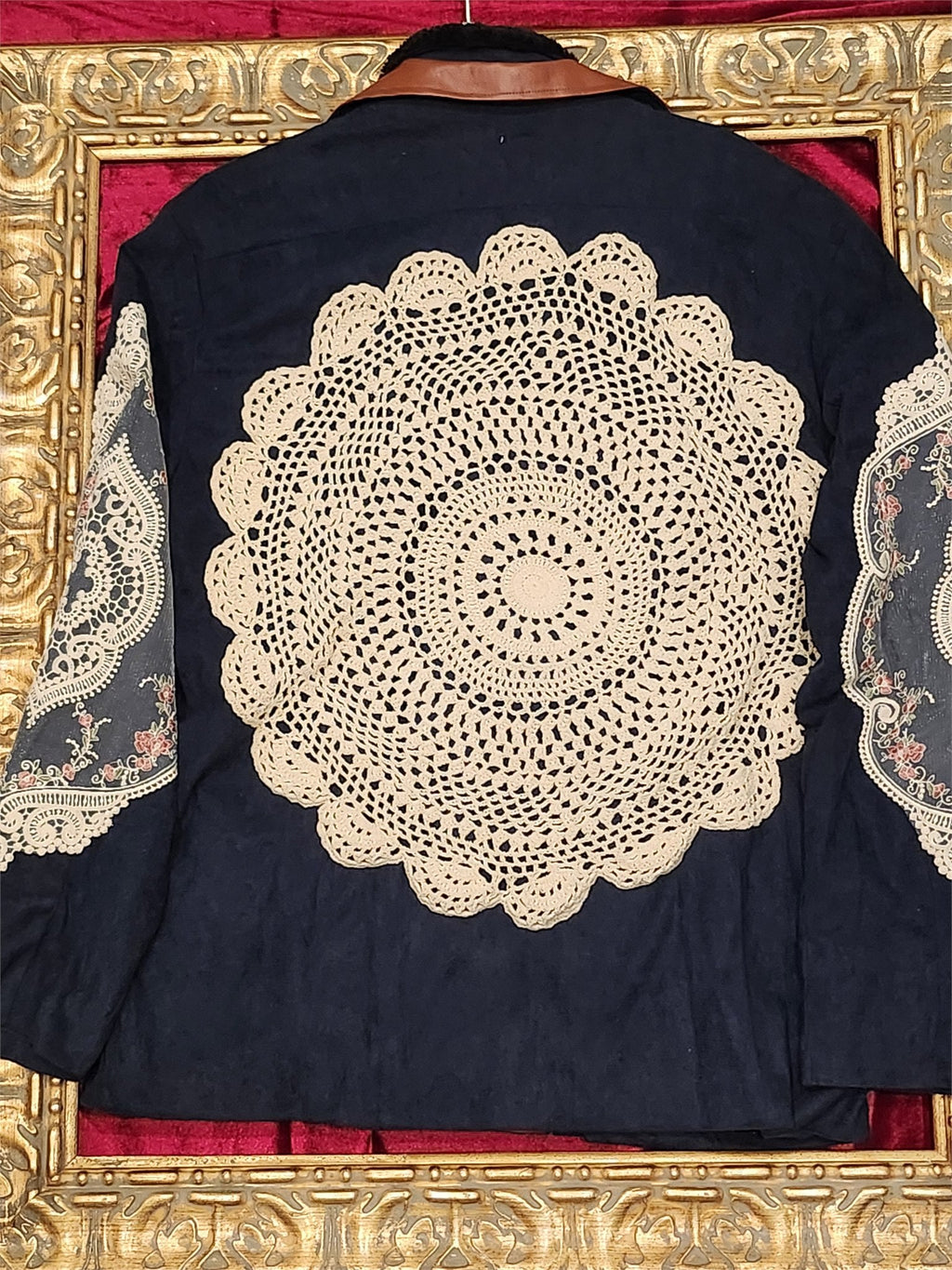 Vintage Doily Navy Jacket with Faux Leather Accents – XL - additional view