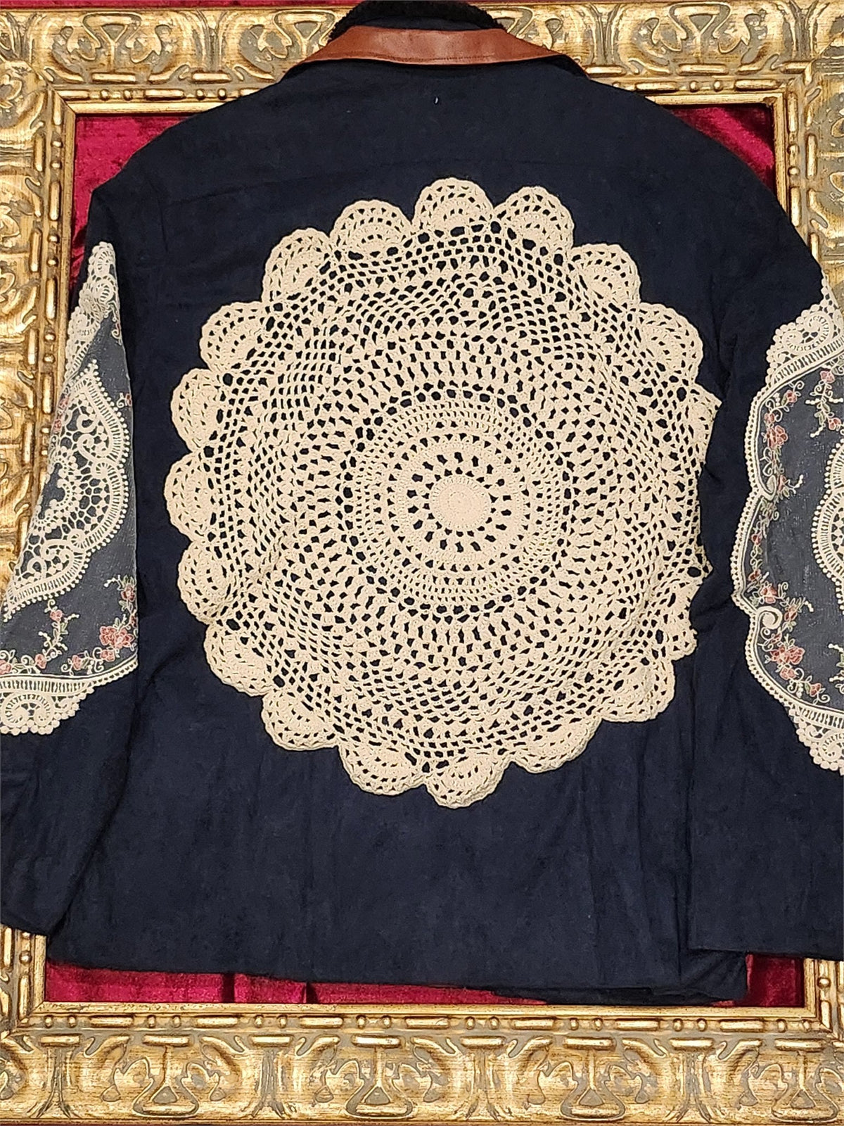 Vintage Doily Navy Jacket with Faux Leather Accents – XL - additional view