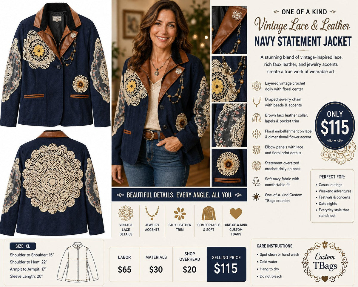 Vintage Doily Navy Jacket with Faux Leather Accents – XL - details and styling