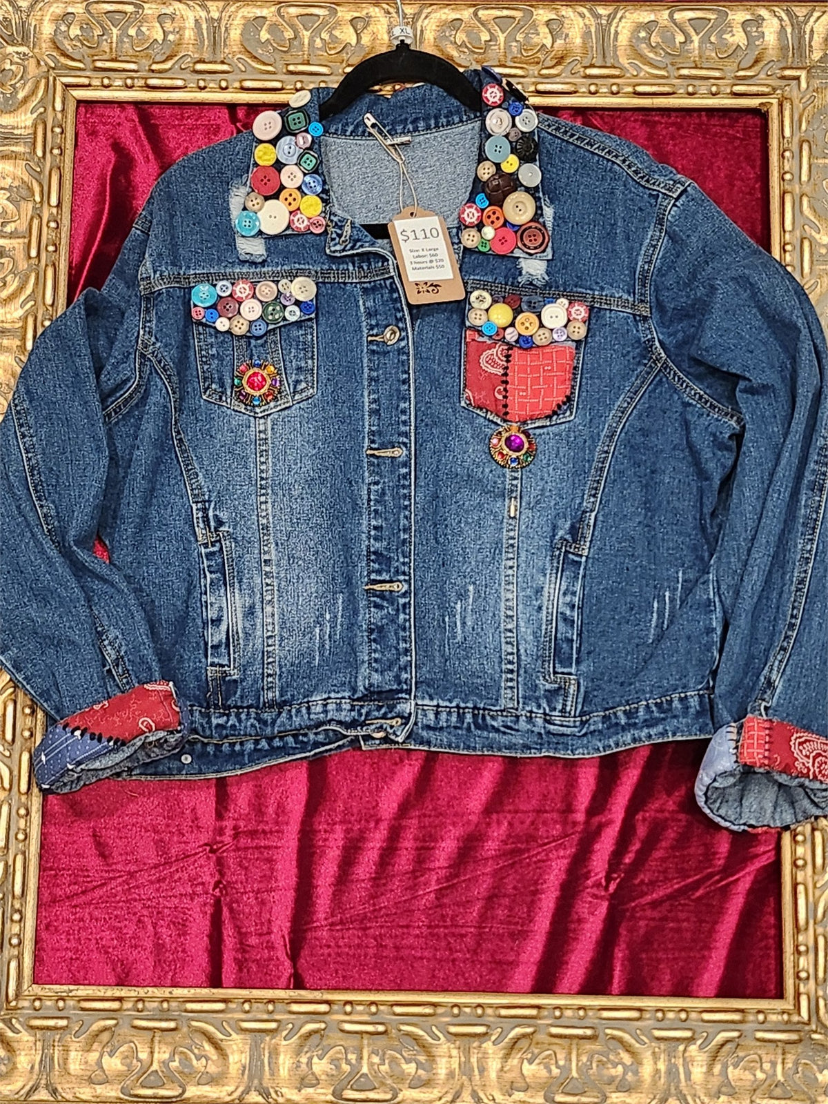 Country Patchwork & Button One-of-a-Kind Denim Jacket – XL