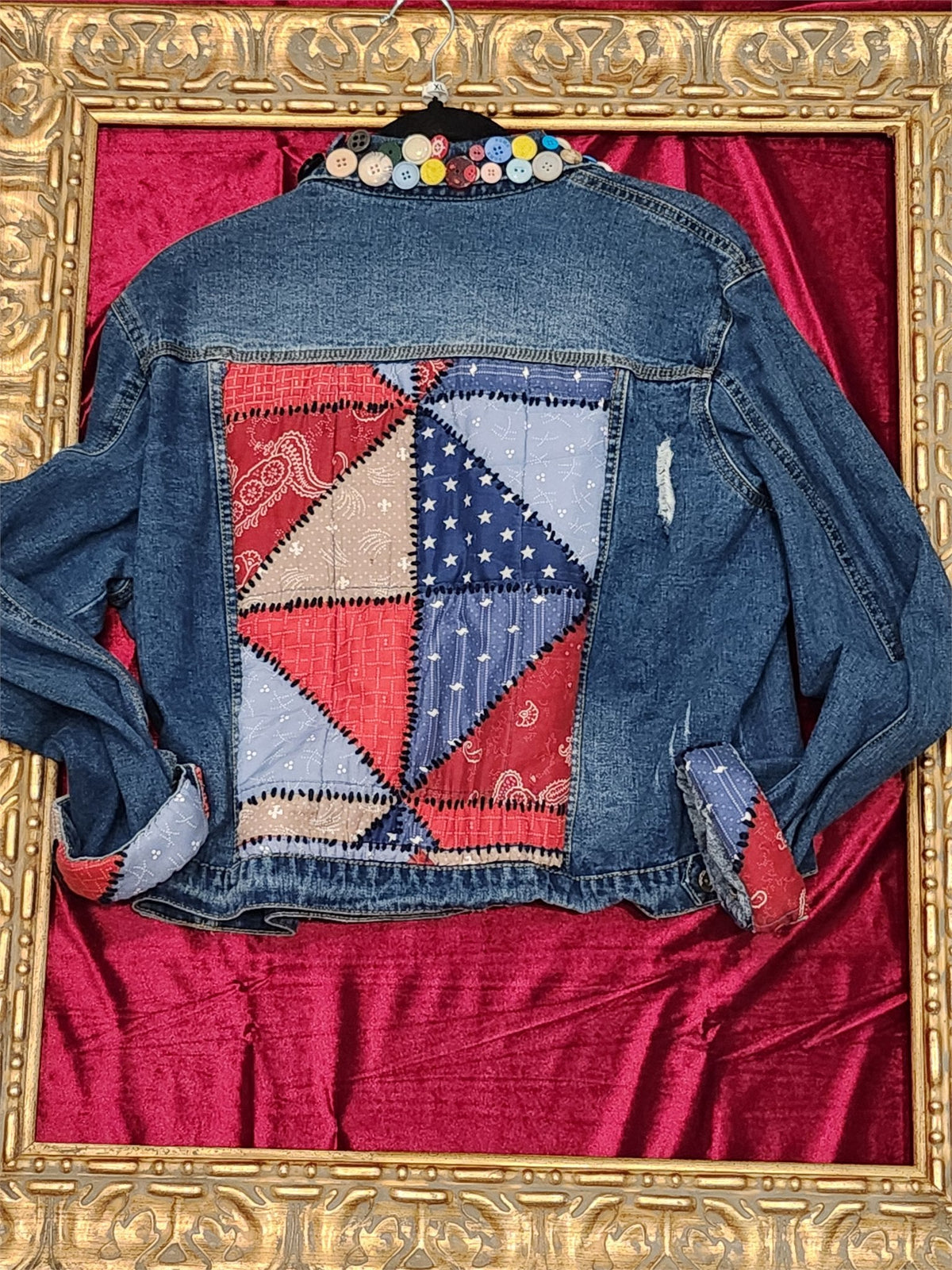Country Patchwork & Button One-of-a-Kind Denim Jacket – XL - additional view
