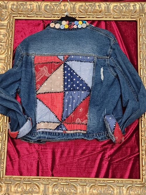 Country Patchwork & Button One-of-a-Kind Denim Jacket – XL - additional view